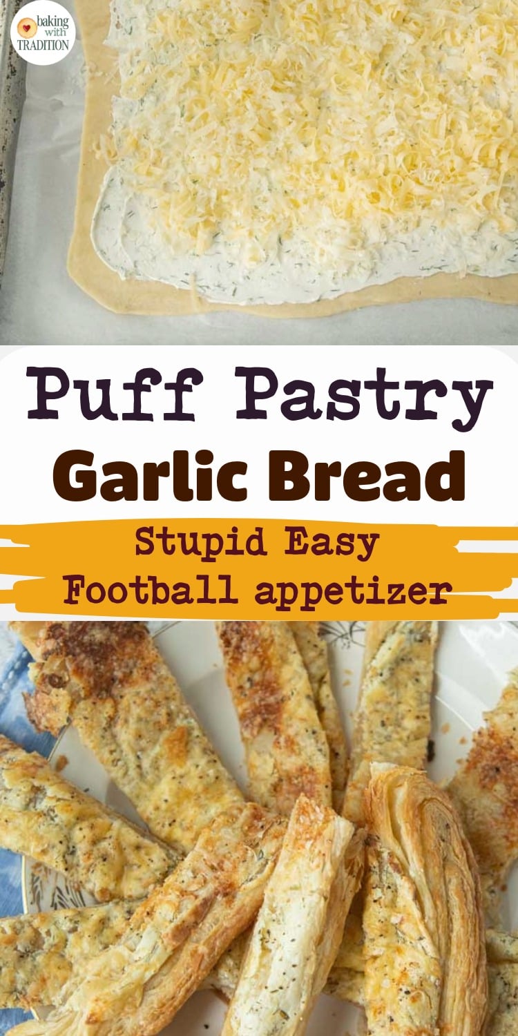 grated butterkase cheese on puff pastry, puff pastry garlic bread sticks on plate, text overlay