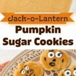 closeup of jack-o-lantern cookies on plate