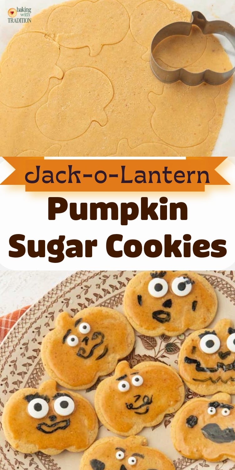 pumpkin cookie cutter on pumpkin cutout dough, closeup of jack-o-lantern cookies on plate, text overlay