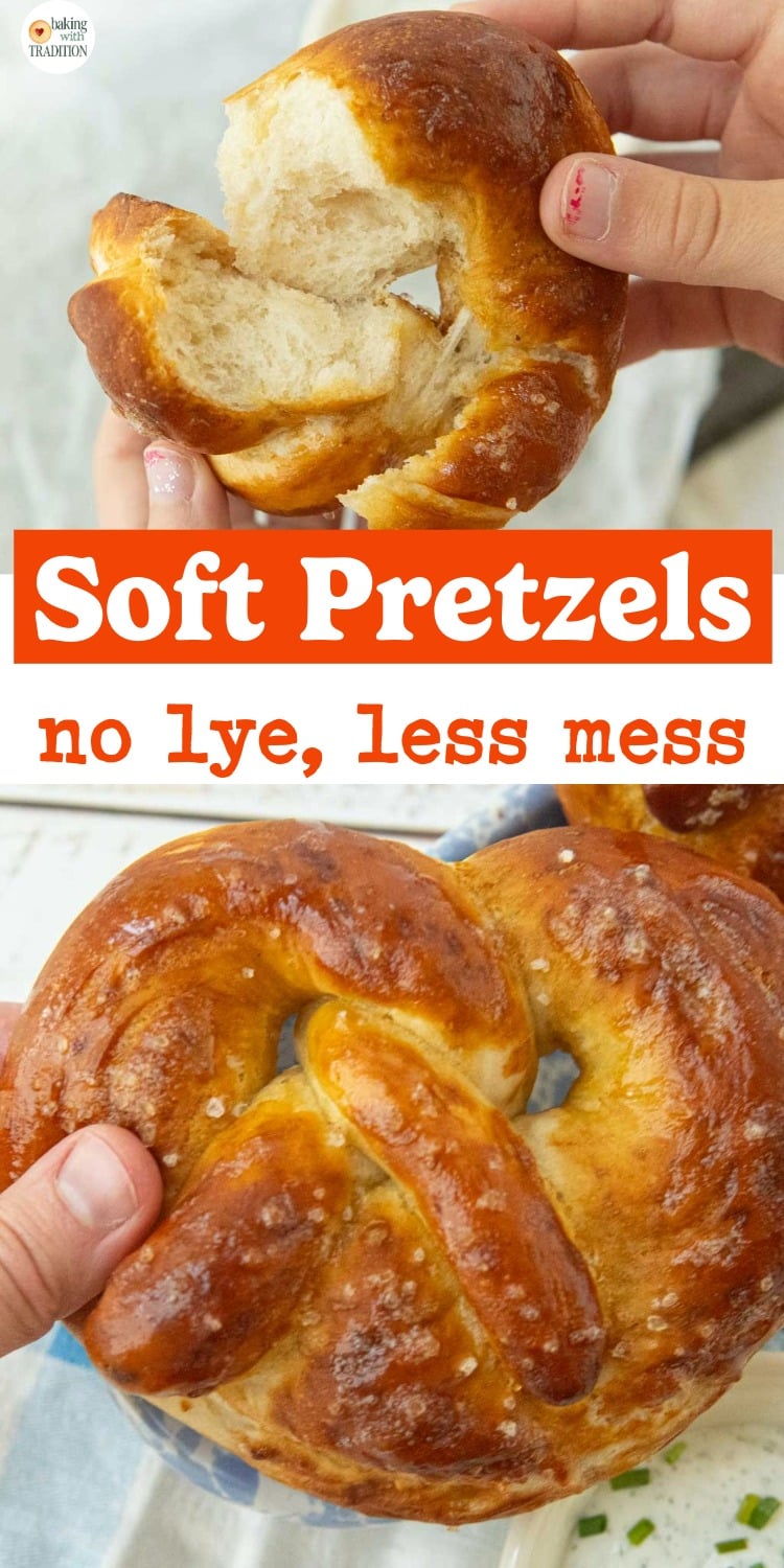 hands breaking open fresh soft pretzel to show texture, closeup of hand holding soft pretzel, text overlay